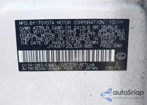 2020 Lexus Is 300 from USA, damaged, VIN JTHG81F20L5041885